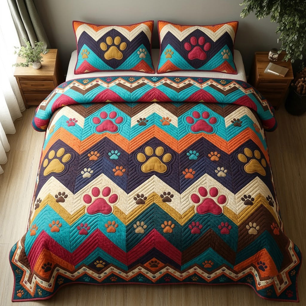 Paw Zigzag Fiesta Quilted Bedding Set Colorful Paw Print Bedding Decor Holiday Gift