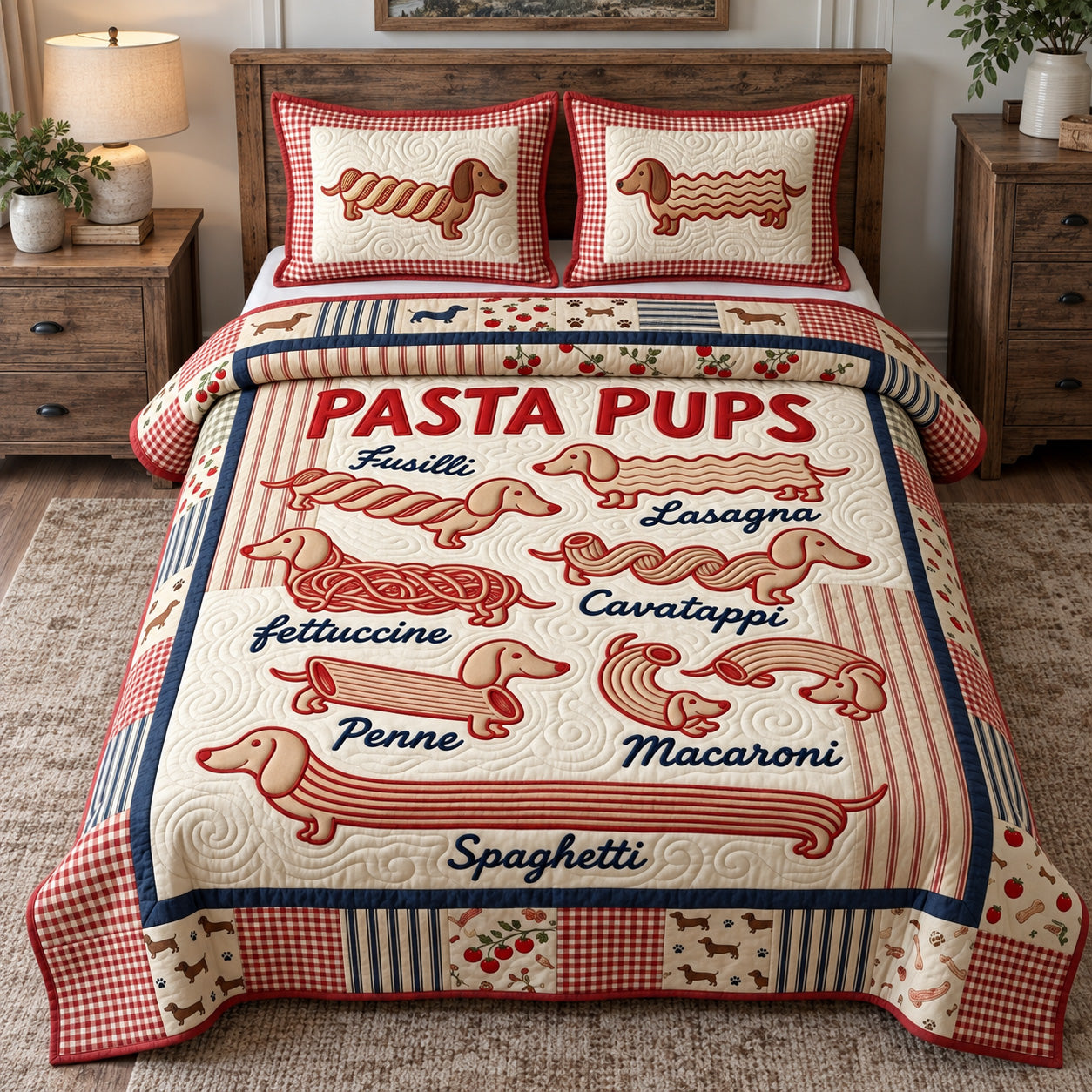 Pasta Pups Quilted Bedding Set Funny Dachshund Dog Lovers Bedding Decor Holiday Gift