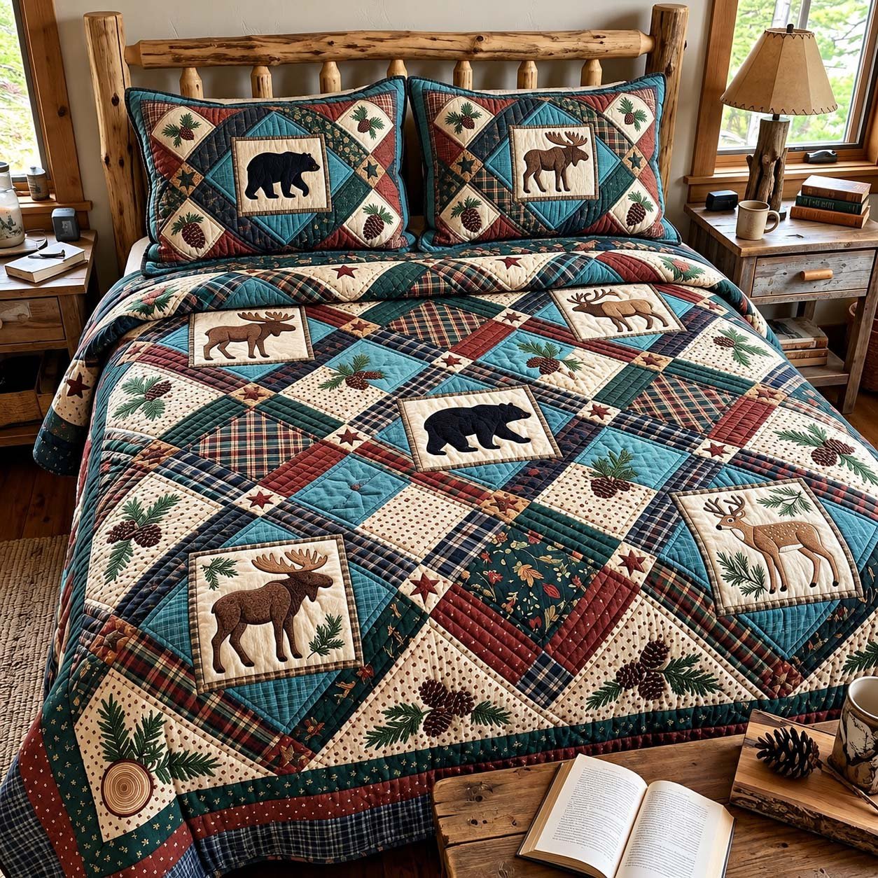 Pine Ridge Lodge Quilted Bedding Set Rustic Pine Forest Bedding Cozy Xmas Decor Gifts