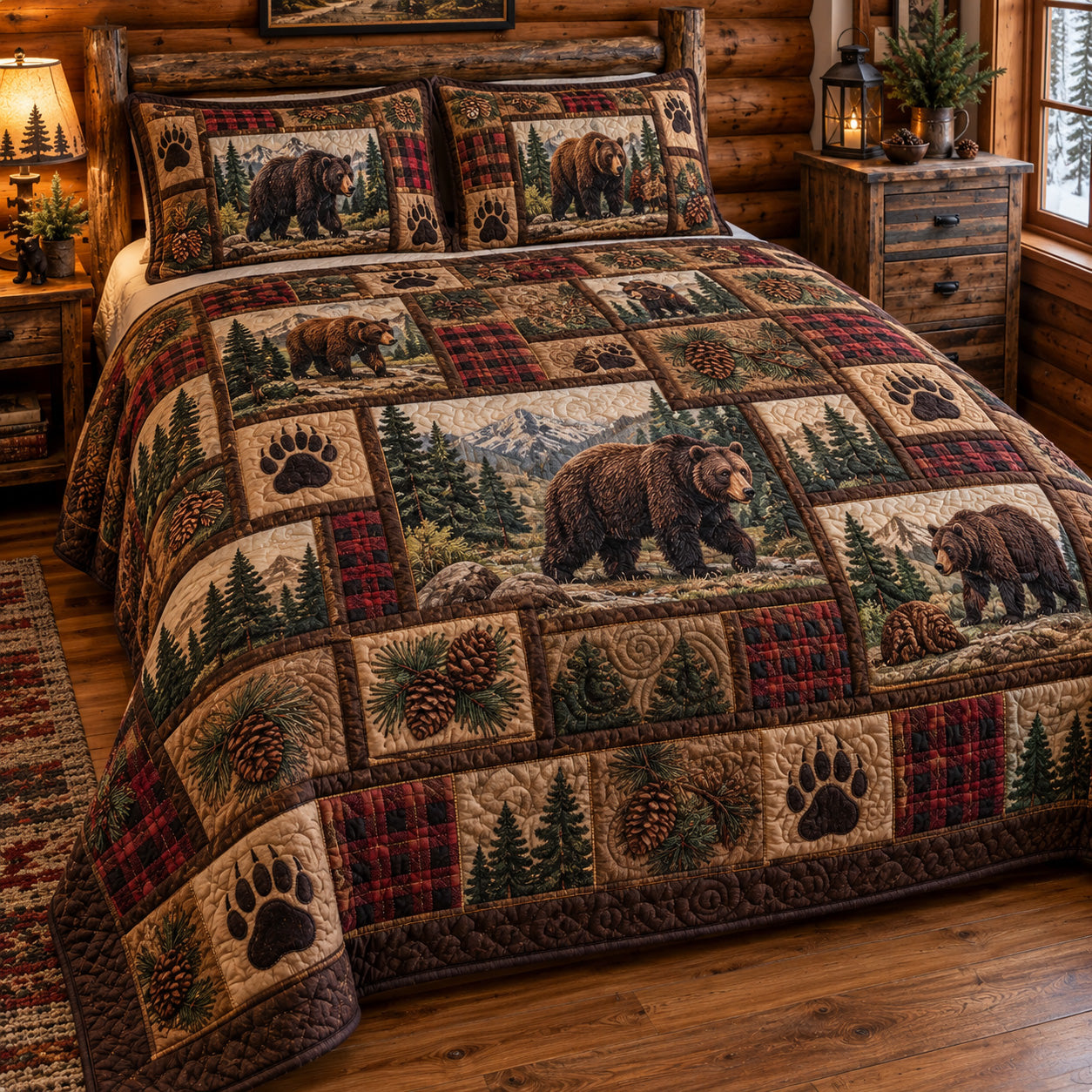 Plaid Bear Patchwork Quilted Bedding Set Rustic Bear Bedding Cozy Woodland Cabin Decor