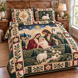 Nativity Holy Family Quilted Bedding Set Christian Christmas Bedding Winter Noel Gift