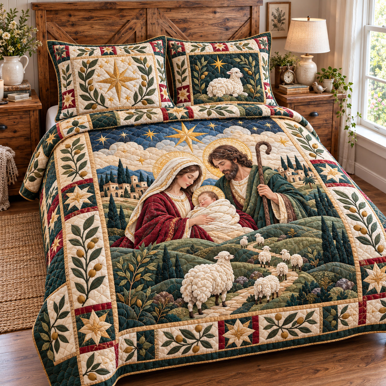 Nativity Holy Family Quilted Bedding Set Christian Christmas Bedding Winter Noel Gift