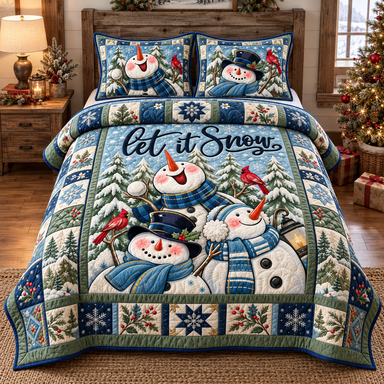 Let It Snow Snowman Family Quilted Bedding Set Christmas Bedding Cozy Xmas Decor
