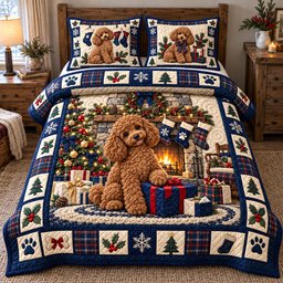 Holiday Fireplace Poodle Quilted Bedding Set Christmas Poodle Bedding Cozy Xmas Gifts