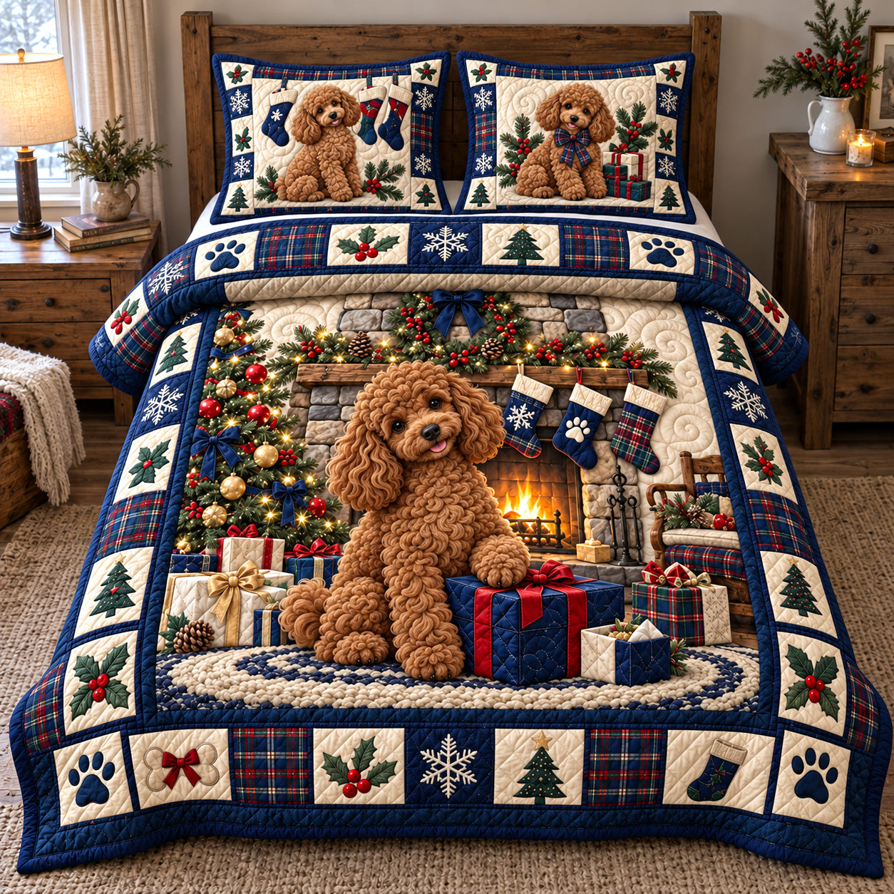 Holiday Fireplace Poodle Quilted Bedding Set Christmas Poodle Bedding Cozy Xmas Gifts