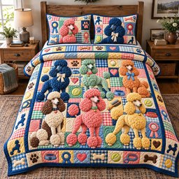 Poodle Crew Patchwork Quilted Bedding Set Cute Poodle Dog Bedding Cozy Puppy Decor Gifts
