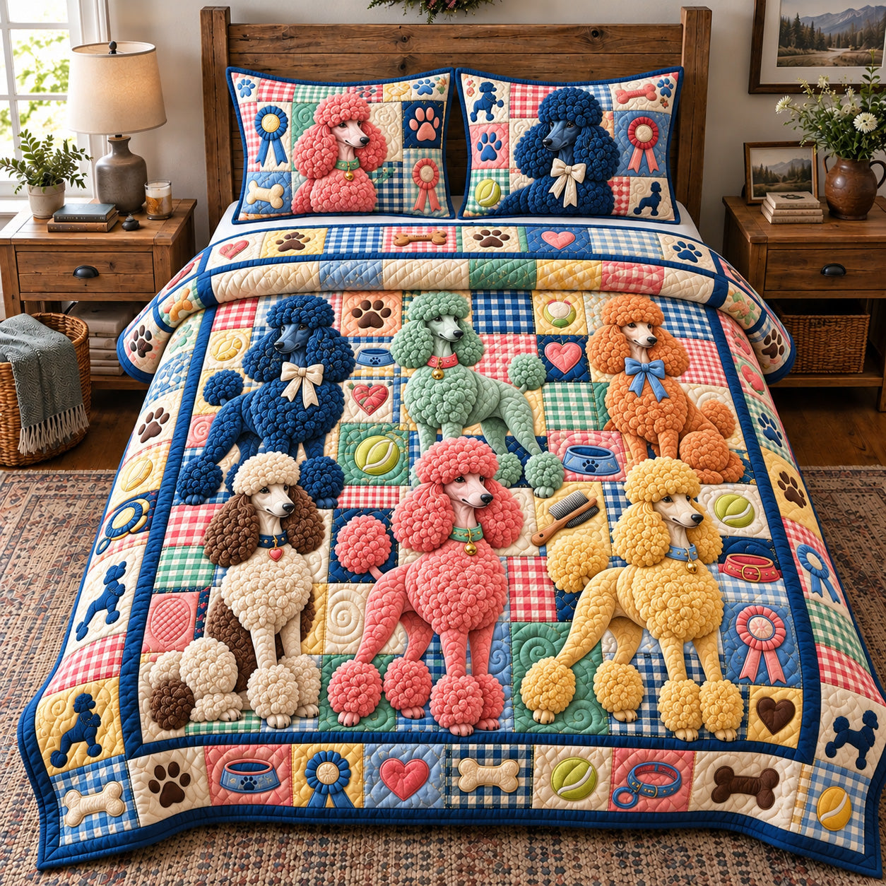 Poodle Crew Patchwork Quilted Bedding Set Cute Poodle Dog Bedding Cozy Puppy Decor Gifts