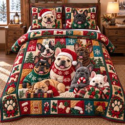 Merry Frenchie Crew Quilted Bedding Set Christmas French Bedding Cozy Xmas Holiday Gifts