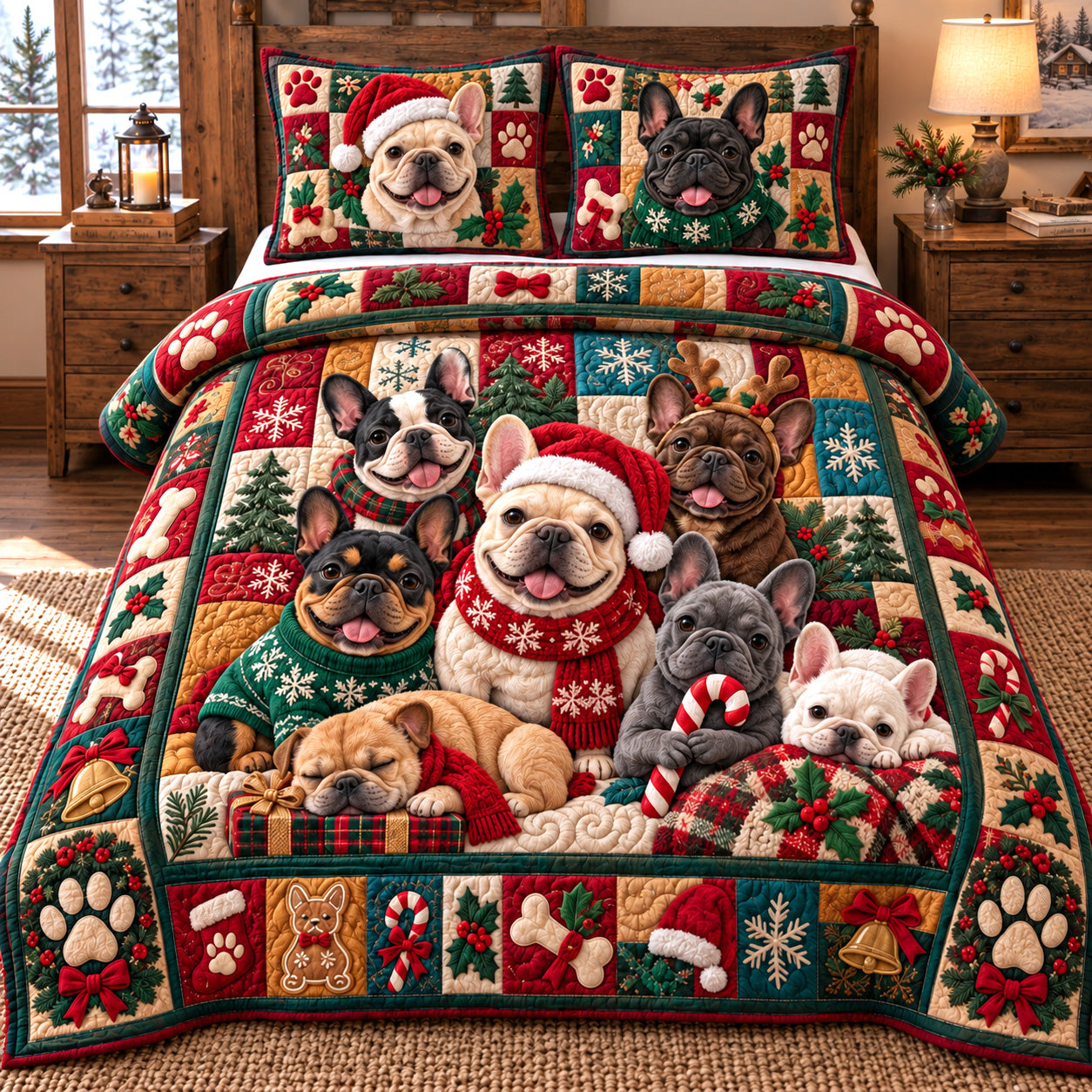 Merry Frenchie Crew Quilted Bedding Set Christmas French Bedding Cozy Xmas Holiday Gifts