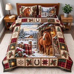 Holiday Horse Quilted Bedding Set Christmas Horse Bedding Cozy Xmas Farmhouse Decor