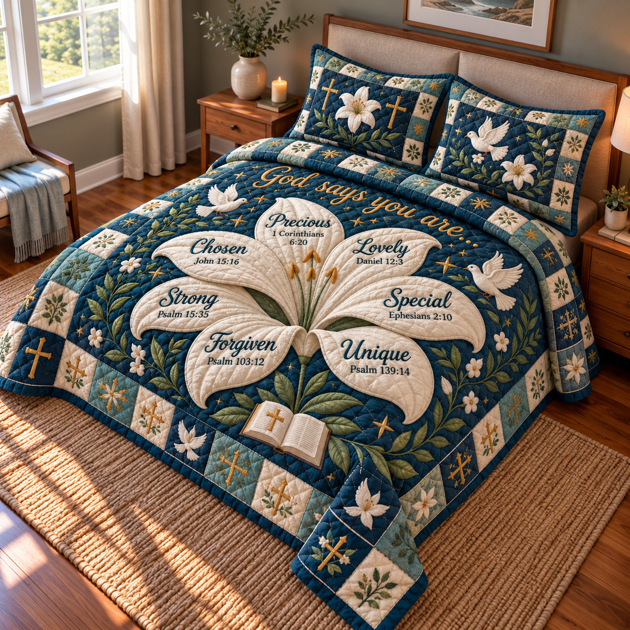 Lily Divine Blessings Quilted Bedding Set Christian Lily Flower Bedding Grace Decor Gifts