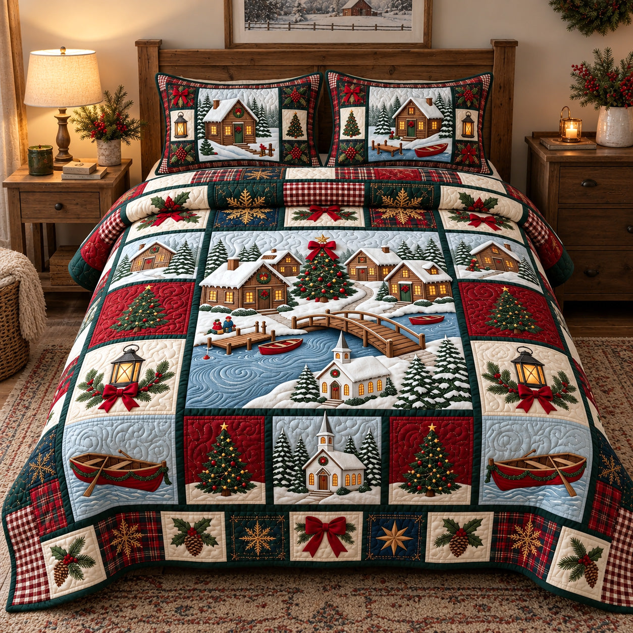 Lakeside Winter Haven Quilted Bedding Set Winter Lake Cabin Bedding Cozy Snowy Decor