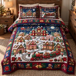 Holiday Train Village Quilted Bedding Set Christmas Train Bedding Xmas Winter Decor