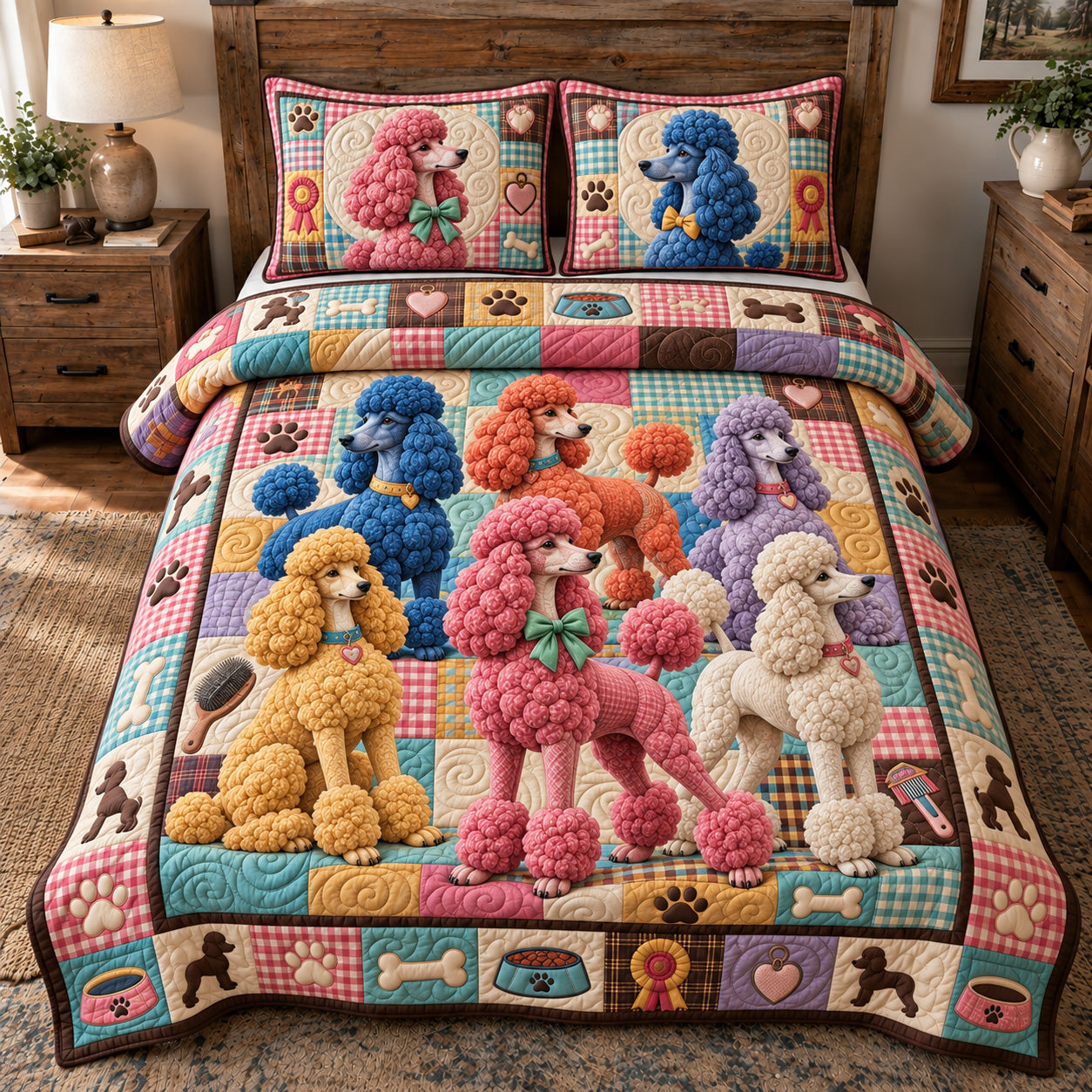 Poodle Crew Patchwork Quilted Bedding Set Adorable Poodle Dog Xmas Bedding Decor