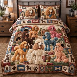 Poodle Crew Patchwork Quilted Bedding Set Cute Poodle Dog Bedding Cozy Decor Gifts