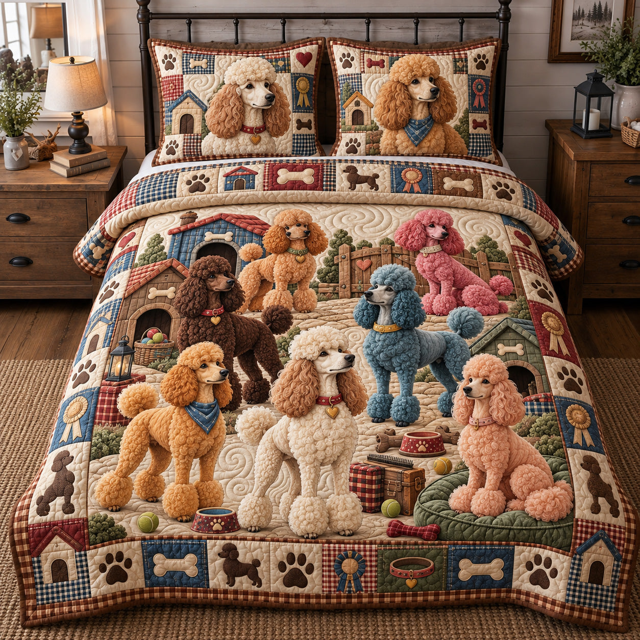 Poodle Crew Patchwork Quilted Bedding Set Cute Poodle Dog Bedding Cozy Decor Gifts