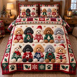Holiday Sweater Poodles Quilted Bedding Set Christmas Bedding Cozy Xmas Winter Decor
