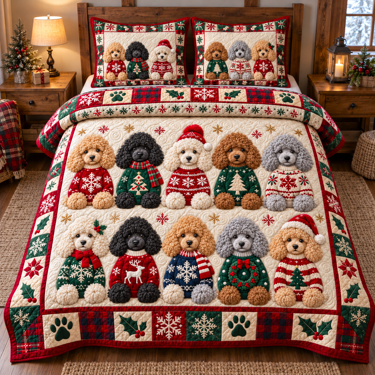 Holiday Sweater Poodles Quilted Bedding Set Christmas Bedding Cozy Xmas Winter Decor