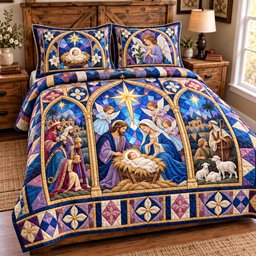 Nativity Stained Glass Quilted Bedding Set Christian Christmas Nativity Bedding Decor