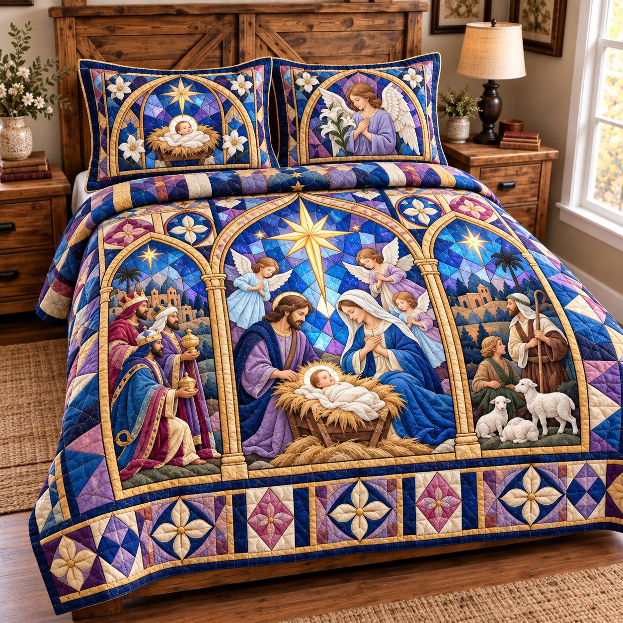 Nativity Stained Glass Quilted Bedding Set Christian Christmas Nativity Bedding Decor