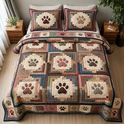 Paw Log Cabin Quilted Bedding Set Rustic Paw Print Bedding Cozy Woodland Cabin Decor