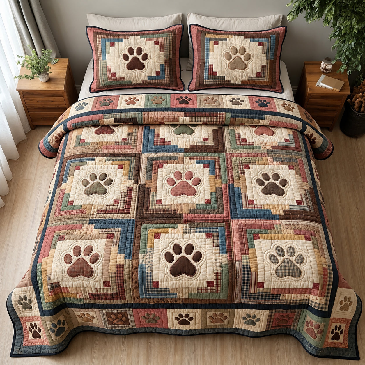 Paw Log Cabin Quilted Bedding Set Rustic Paw Print Bedding Cozy Woodland Cabin Decor