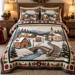 Peaceful Winter Village Quilted Bedding Set Christmas Village Bedding Cozy Winter Decor