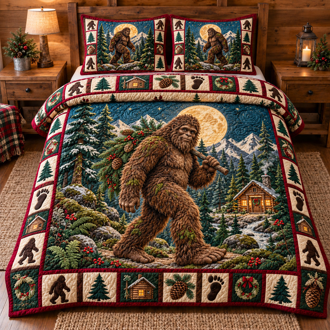 Majestic Forest Bigfoot Quilted Bedding Set Sasquatch Woodland Bedding Rustic Gifts