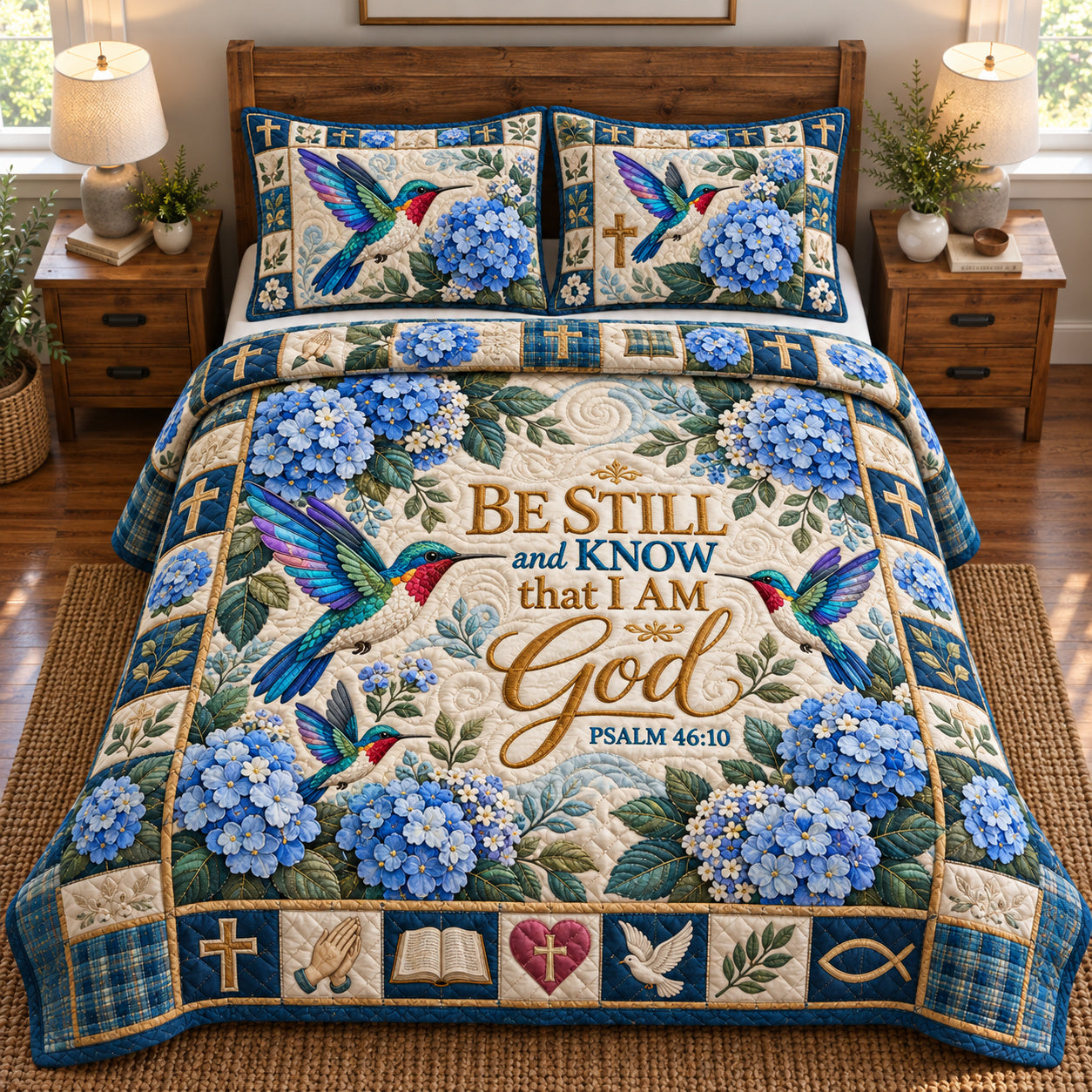 Hummingbird Psalm Blessings Quilted Bedding Set Christian Faith Bedding Decor Gifts