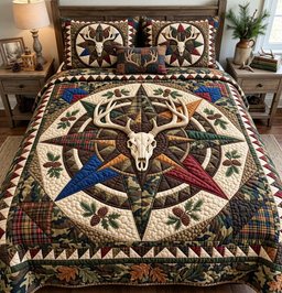 Hunter Compass Skull Quilted Bedding Set Hunting Skull Bedding Rustic Outdoor Cabin Gifts