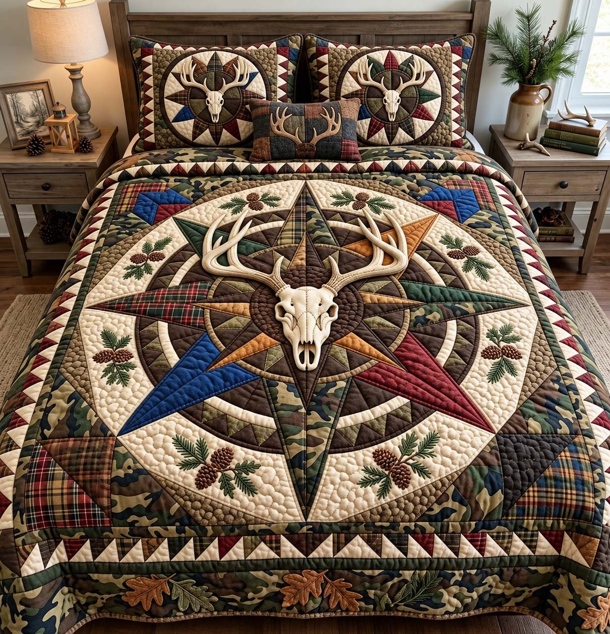 Hunter Compass Skull Quilted Bedding Set Hunting Skull Bedding Rustic Outdoor Cabin Gifts