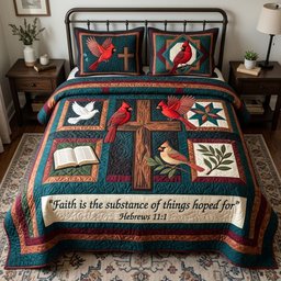 Cardinals Around The Cross Quilted Bedding Set Faithful Christmas Bedding Decor Gifts