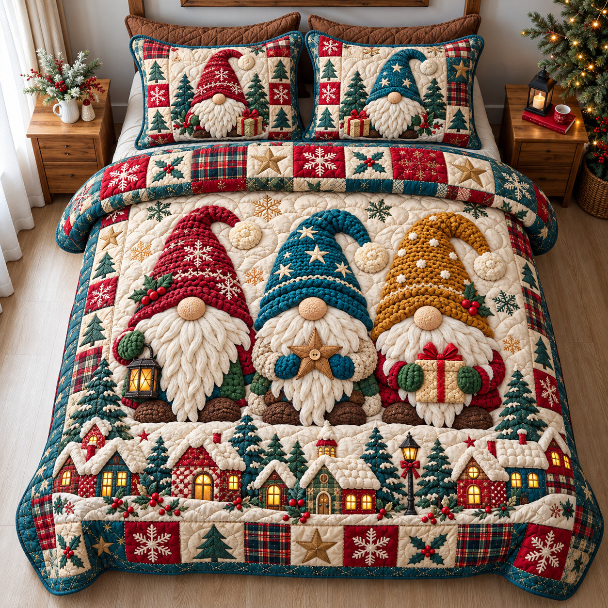 Gnome Trio Mischief Quilted Bedding Set Christmas Gnome Bedding Festive Decor Gifts