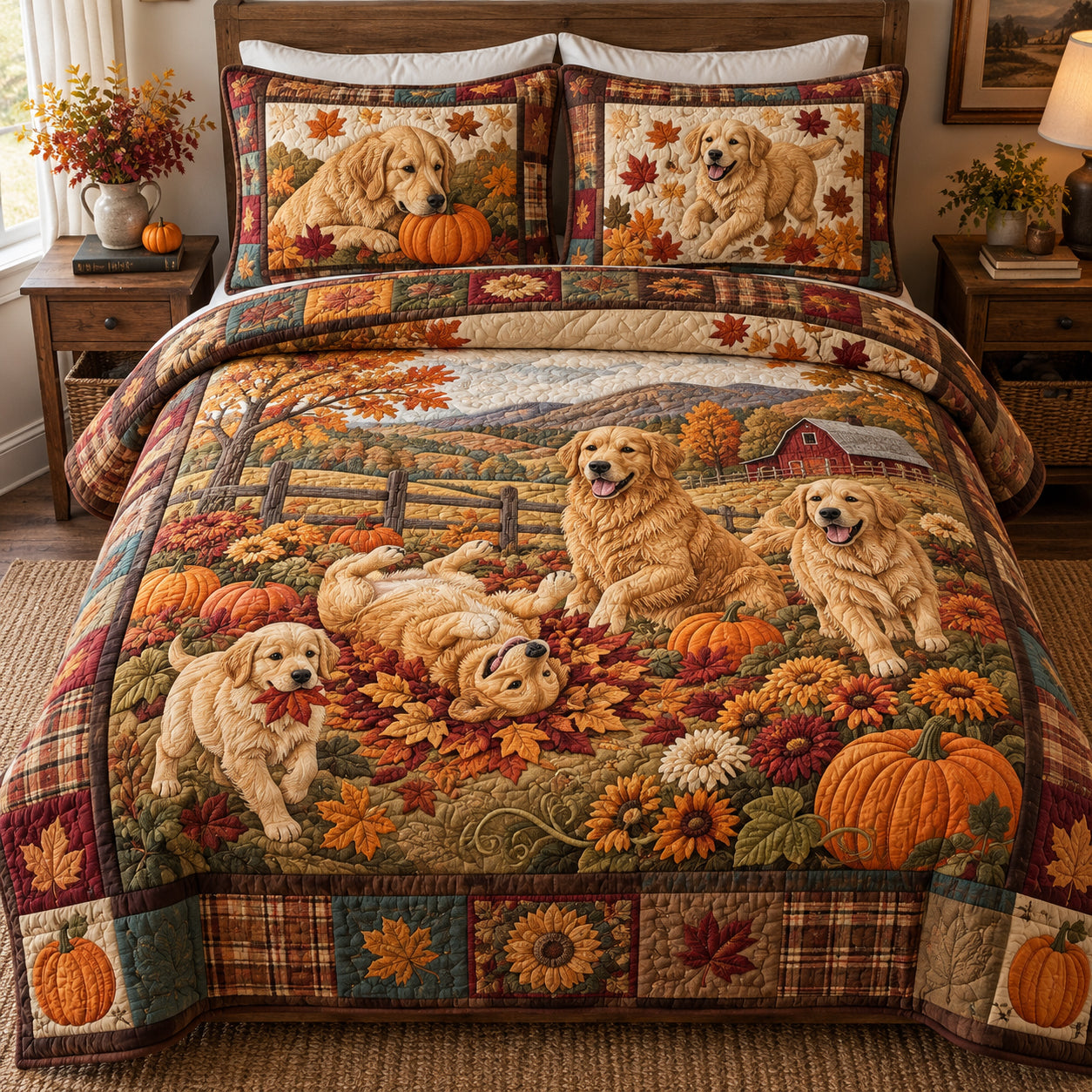 Golden Pumpkin Patch Quilted Bedding Set Autumn Pumpkin Bedding Harvest Xmas Decor Gifts