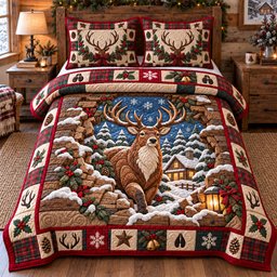 Christmas Forest Deer Quilted Bedding Set Winter Woodland Bedding Set Noel Gifts_