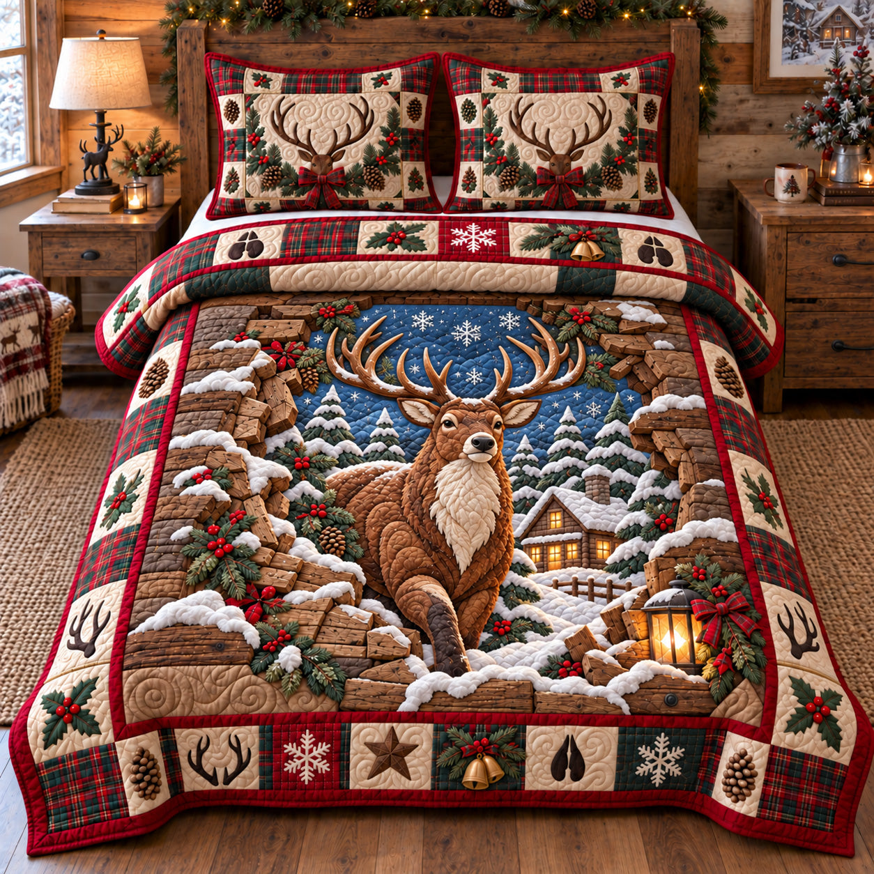 Christmas Forest Deer Quilted Bedding Set Winter Woodland Bedding Set Noel Gifts_