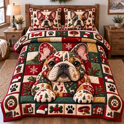 Festive Patchwork Frenchie Quilted Bedding Set Christmas Bulldog Bedding Holiday Gifts