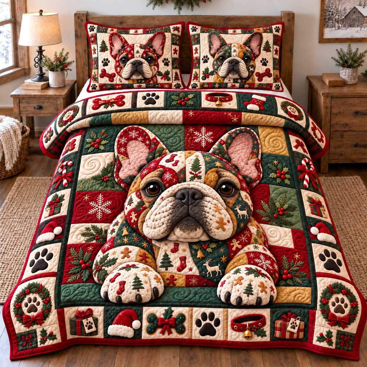 Festive Patchwork Frenchie Quilted Bedding Set Christmas Bulldog Bedding Holiday Gifts