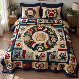 Christmas Paw Wreath Patchwork Quilted Bedding Set Festive Xmas Paw Bedding Gifts