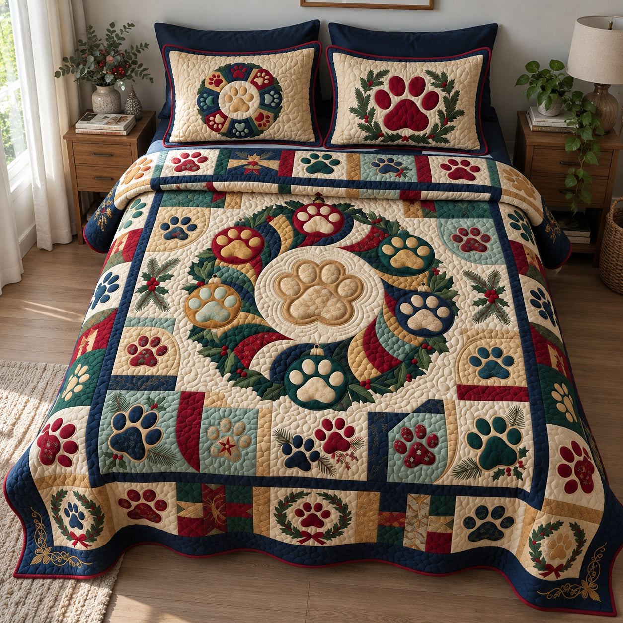 Christmas Paw Wreath Patchwork Quilted Bedding Set Festive Xmas Paw Bedding Gifts