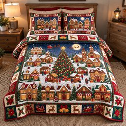 Festive Town Center Quilted Bedding Set Xmas Village Bedding Snowy Holiday Decor Gifts