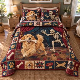 Golden Retriever Skeleton Quilted Bedding Set Halloween Dog Bedding Spooky Fall Gifts