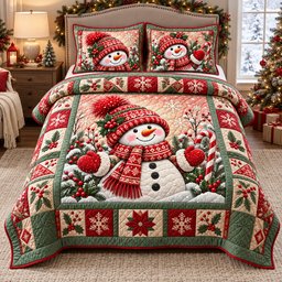Christmas Snowman Joy Quilted Bedding Set Winter Snowman Bedding Noel Gifts Ideas