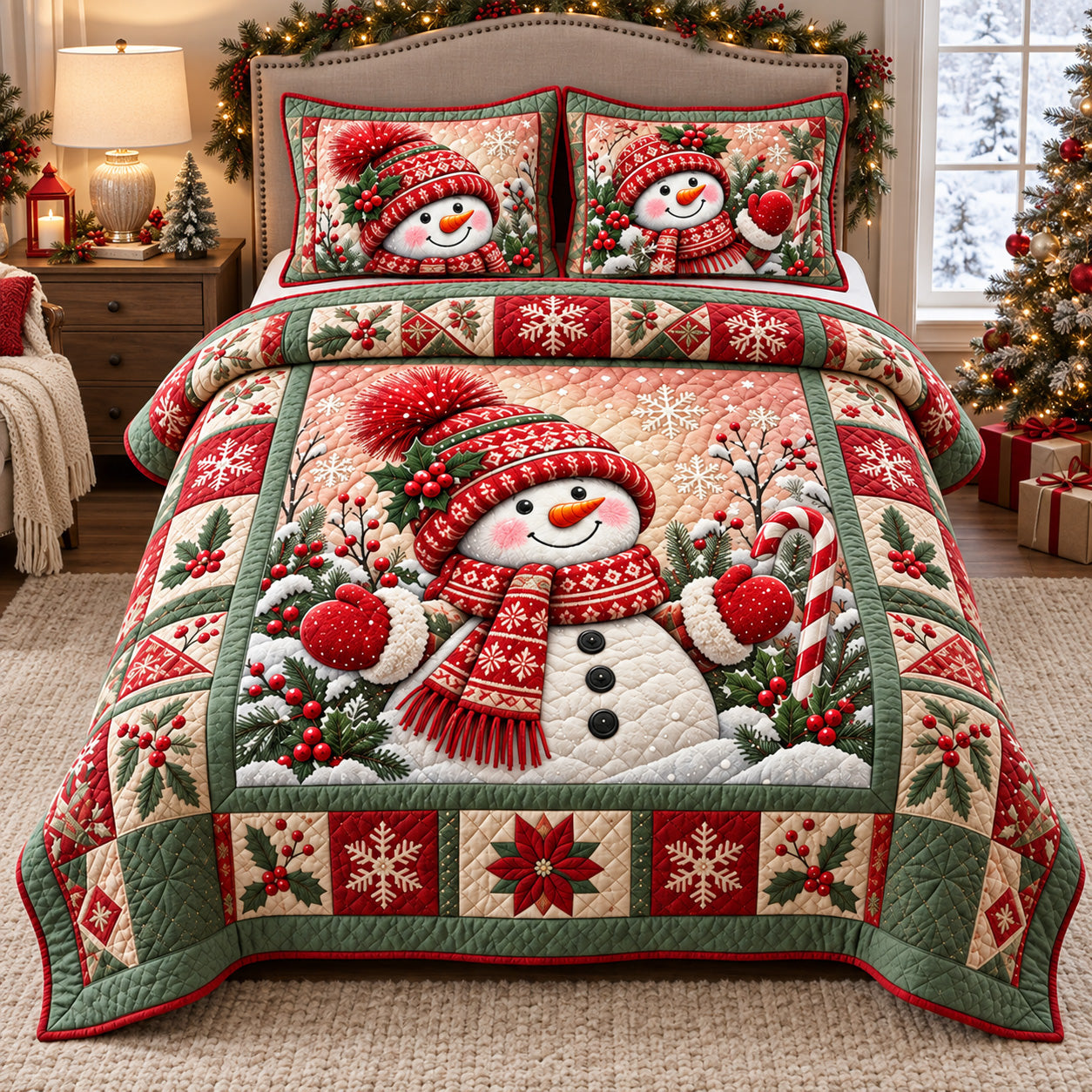 Christmas Snowman Joy Quilted Bedding Set Winter Snowman Bedding Noel Gifts Ideas