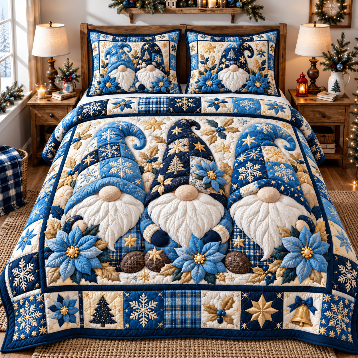Gnome Trio Festivity Quilted Bedding Set Christmas Gnome Bedding Noel Decor Gifts