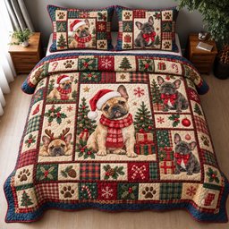 French Bulldog Christmas Patchwork Quilted Bedding Set Xmas Frenchie Bedding Gifts