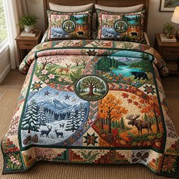 Four Seasons Forest Patchwork Quilted Bedding Set Four Season Bedding Cozy Nature Gifts