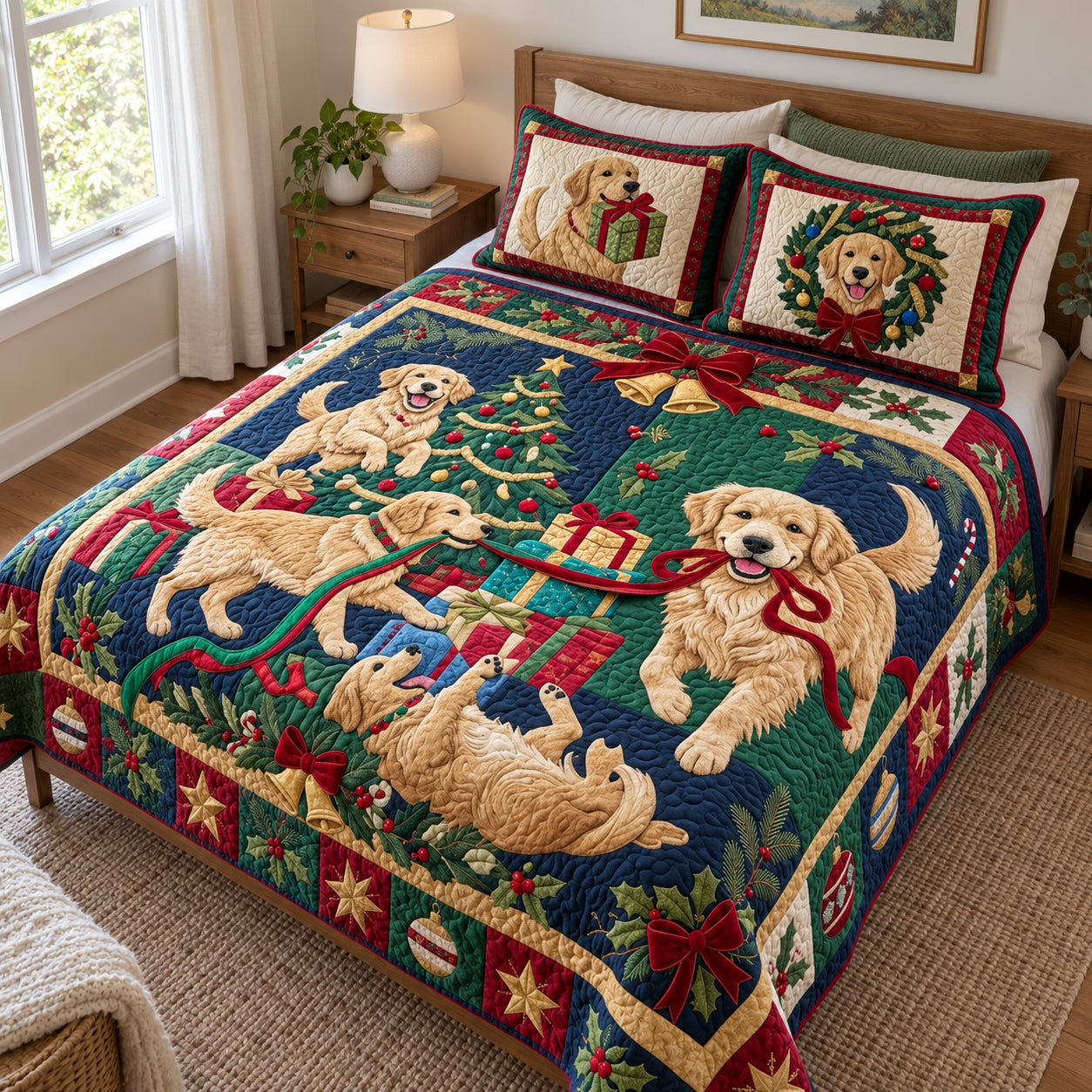 Golden Christmas Quilted Bedding Set Xmas Golden Holiday Bedding Festive Decor Gifts_