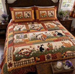Cozy Country Cats Quilted Bedding Set Rustic Farmhouse Kitty Bedding Winter Gifts