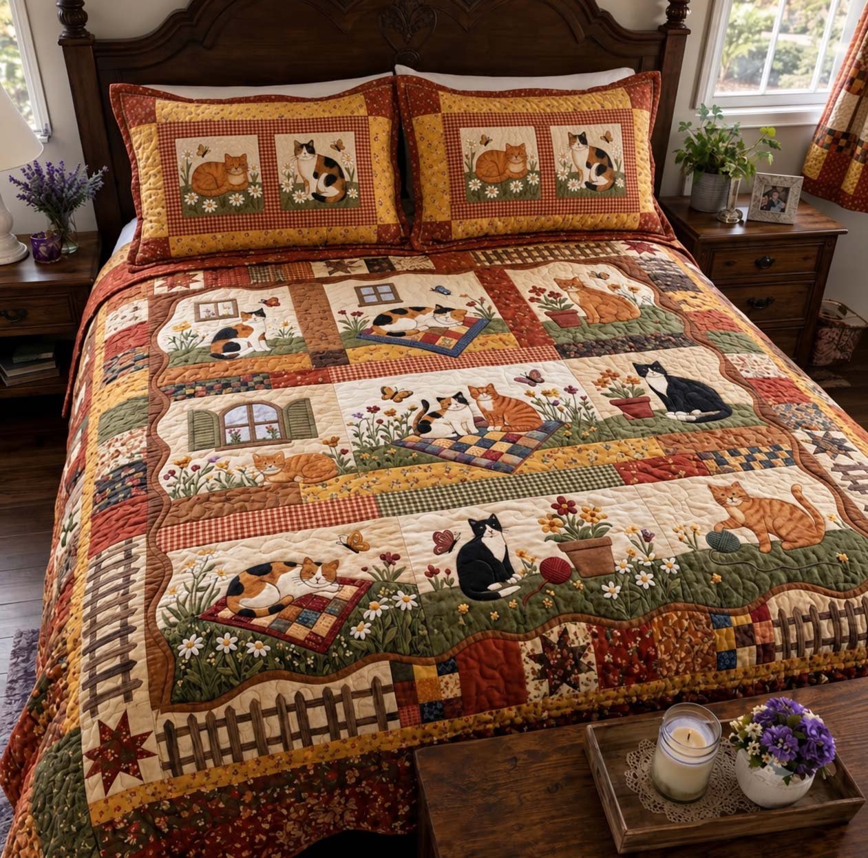 Cozy Country Cats Quilted Bedding Set Rustic Farmhouse Kitty Bedding Winter Gifts
